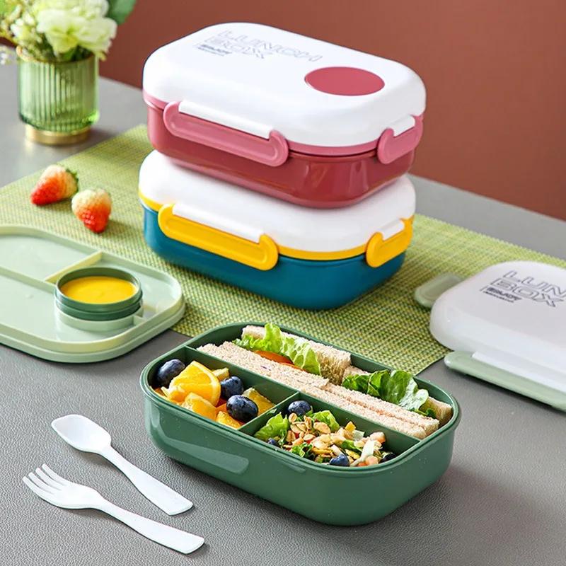 Large Capacity Separate Lunch Box Bento Box Plastic Portable Bento Box with Fork Spoon 1200ml Food Container Microwave-heated