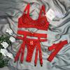 Yimunancy Mesh Lingerie Set Women Transparent Plaid Bra + Chain Brief Sexy Underwear Set Red Erotic Garter Kit