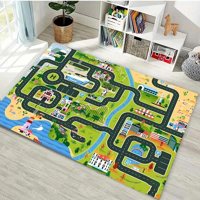 3D-Druck Kinderspielmatte Stadtverkehrskarte Großer Flächenteppich Teppich für Wohnzimmer Schlafzimmer Kinder Spielen Rutschfeste Bodendekormatte Geschenk