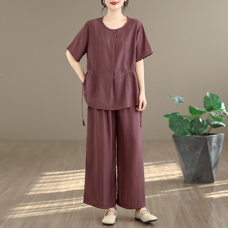 Women's Large Size Tencel Cotton-Linen Summer Suit: Slimming Round Neck Top & Wide-Leg Pants Two-Piece Set