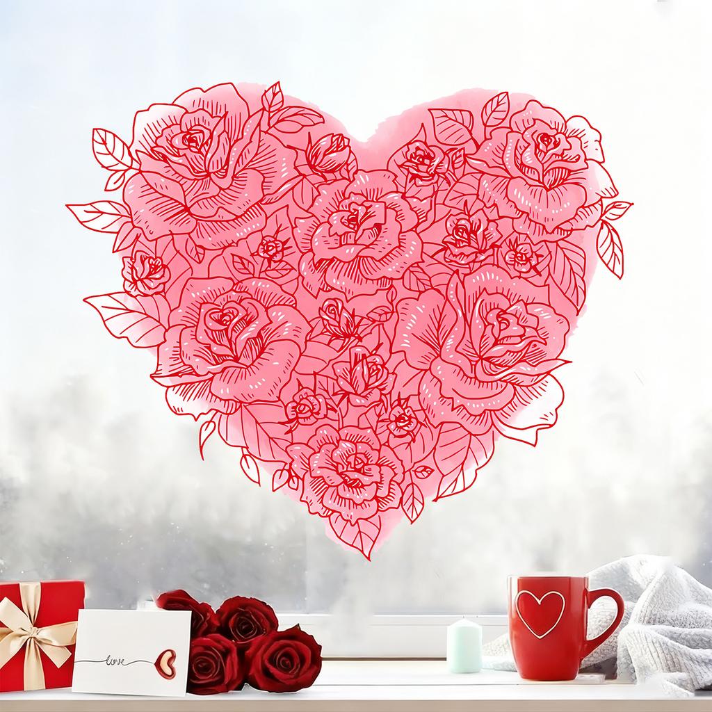 Valentine Day Pink Flower Heart Static Cling Window Sticker for Home Decor Bedroom Living Room Study Festival Decoration
