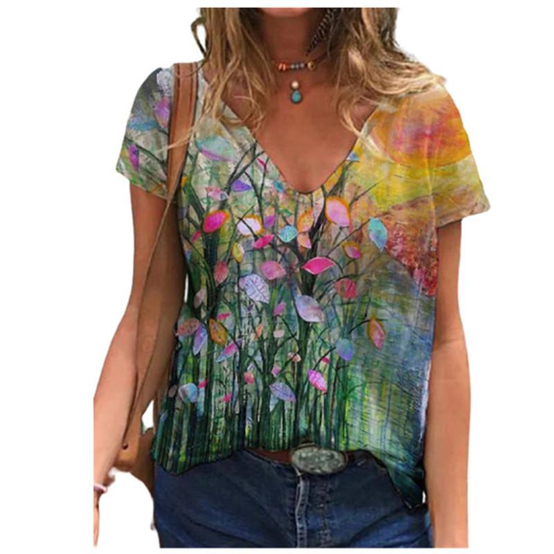 Summer V-neck Colorful 3D Printed Flower Pattern Top Fashionable Casual Short Sleeved Women's T-shirts