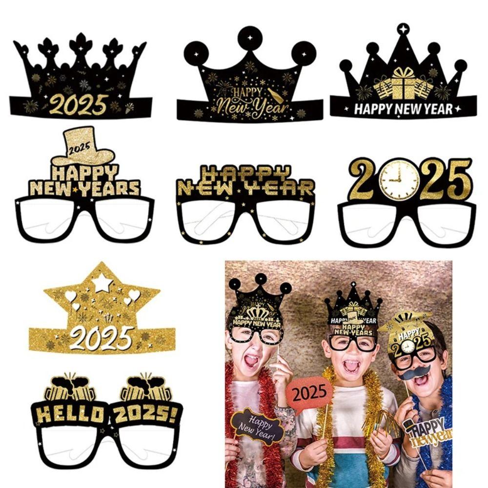 

6pcs Letter New Year Paper Hat Glasses Foldable Crown Hat Friends Gifts