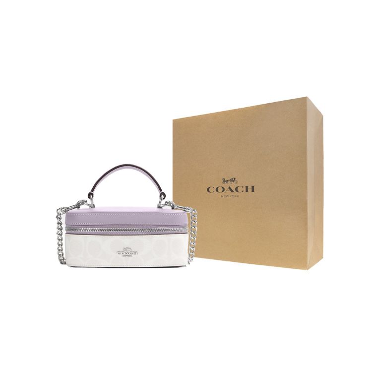Coach 18 Silver Letter Logo Zipper Closure Crosshatch Canvas And Leather Box Bag Women Handbags White Purple CJ522-SVVVJ