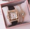 Women's Trendy Square Dial Quartz Watch with Leather Strap & Star Bangle