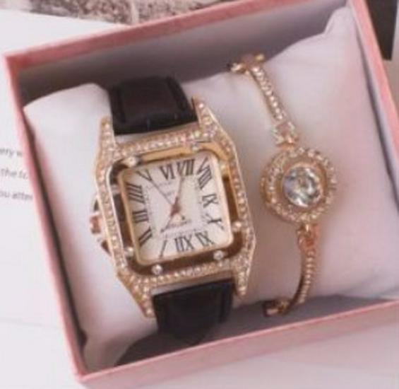Women's Trendy Square Dial Quartz Watch with Leather Strap & Star Bangle