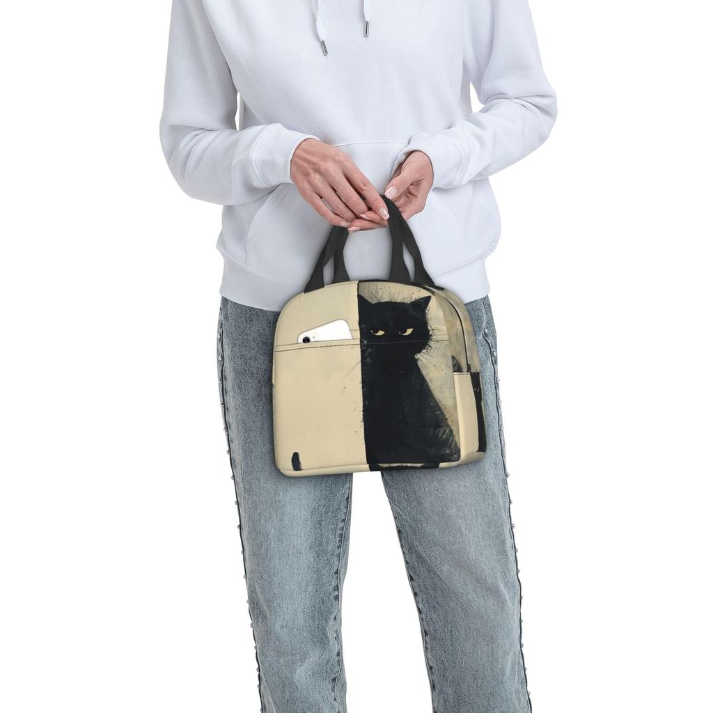 Insulated Lunch Bag with Black Watercolor Cat Design, Perfect for Commuting, School, Picnics, and More. Large Capacity and Easy To Carry. Perfect for