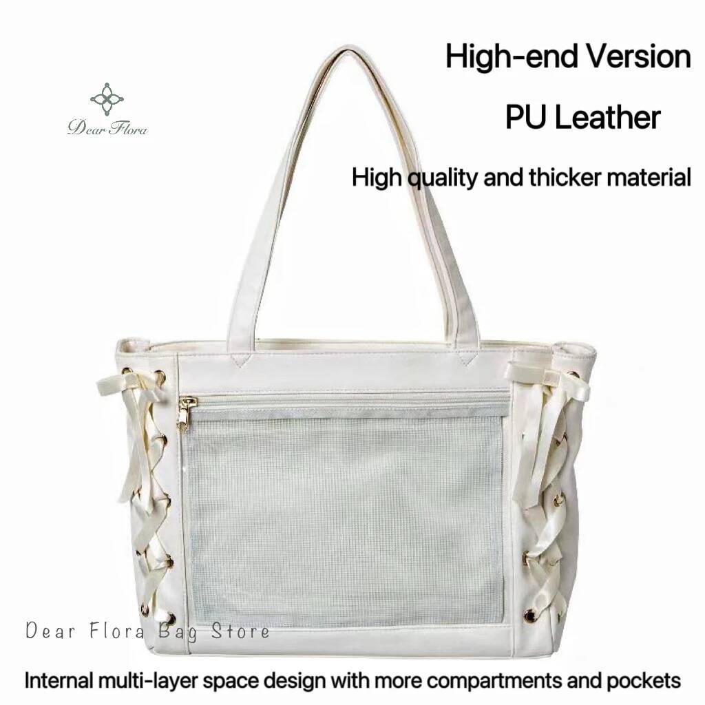 Japanese Sweet Women Ribbon Ita Bag Fashion Large Capacity Tote Bag Aesthetic Shoulder Bag Cute Lolita Girl Transparent Handbags