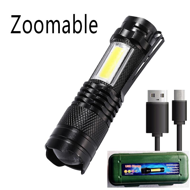 Q5 LED Mini Flashlight Built In Battery Zoom Torch COB Lamp 2000 Lumens Adjustable Outdoor Waterproof emergency Pocket Light