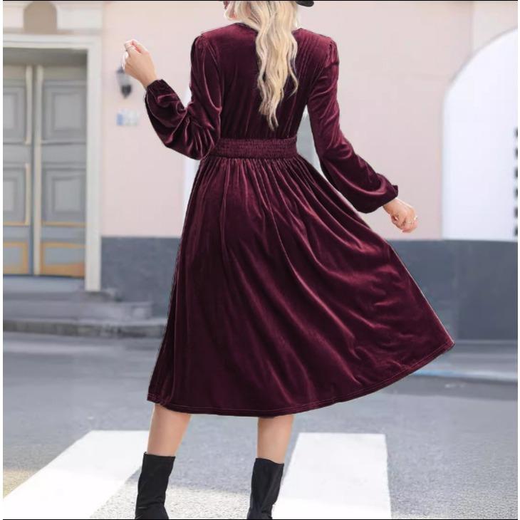 GMXIA Women's Fashion Spring Autumn Solid Color Print Long Sleeve V-Neck Casual Dresses