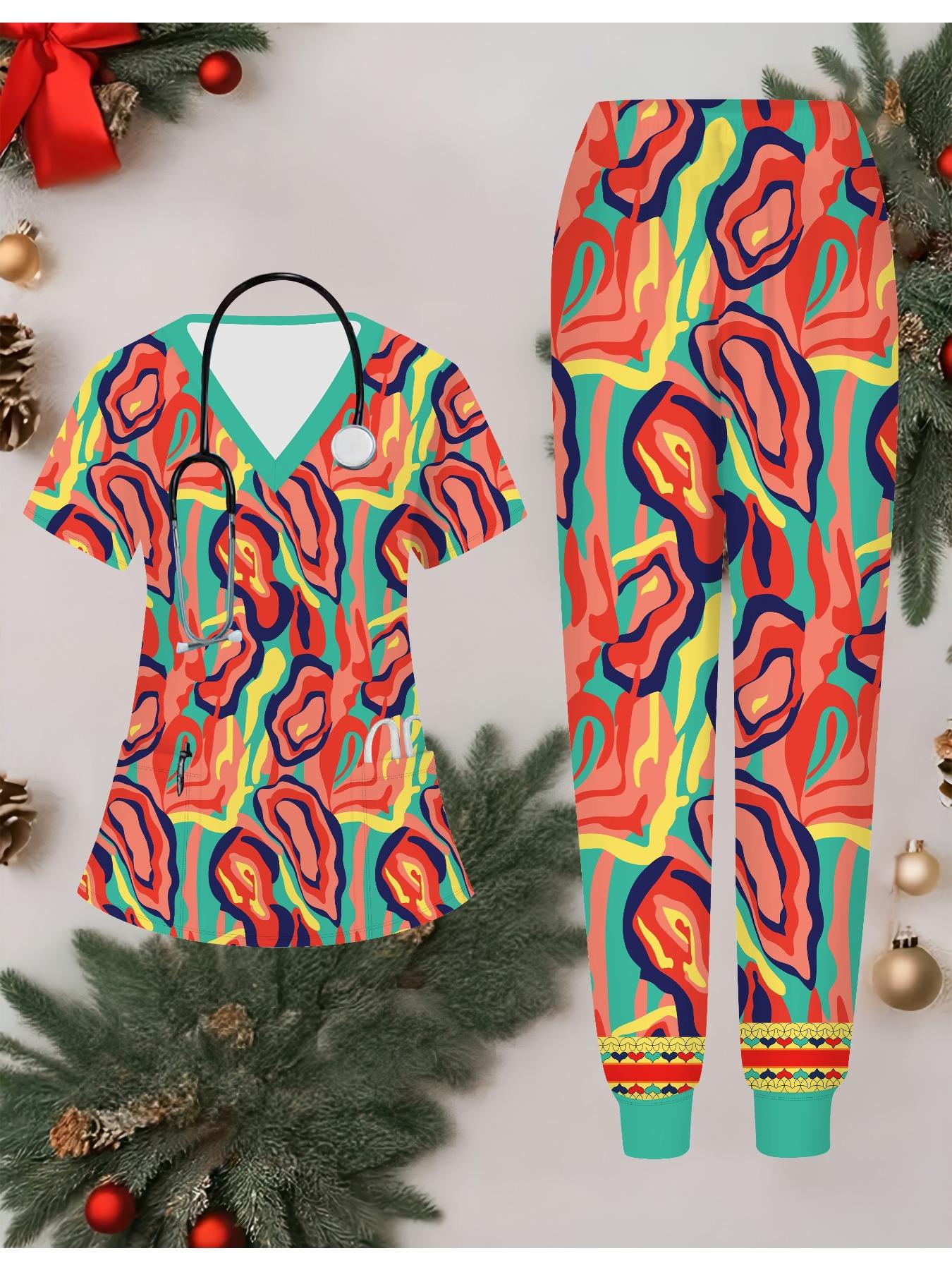 

3D Абстрактный Принт Женский Комплект Медсестры Короткий Рукав Длинные Брюки с Карманом Повседневный Модный Рождественский Подарок XXL оранжевый