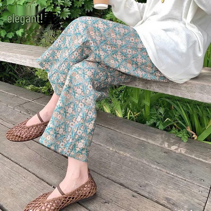 Yalu Women s Summer Loose Printed Cotton Silk Wide-Leg Pants XL