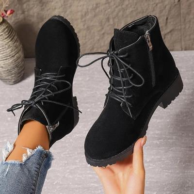 Moda Zapatos de Mujer 2024 Venta Caliente Cremallera Lateral Botas de Mujer Invierno Punta Redonda Color Sólido Caña Corta Tacones Bajos Tallas Grandes Botas Zapatos De Mujer