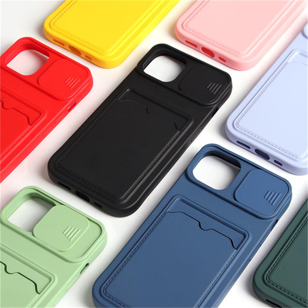 Sliding Lens Protect Card Slot Holder Wallet Case For iPhone 16 14 15 11 12 13 Pro Max X XR XS 7 8 SE Soft Liquid Silicone Cover