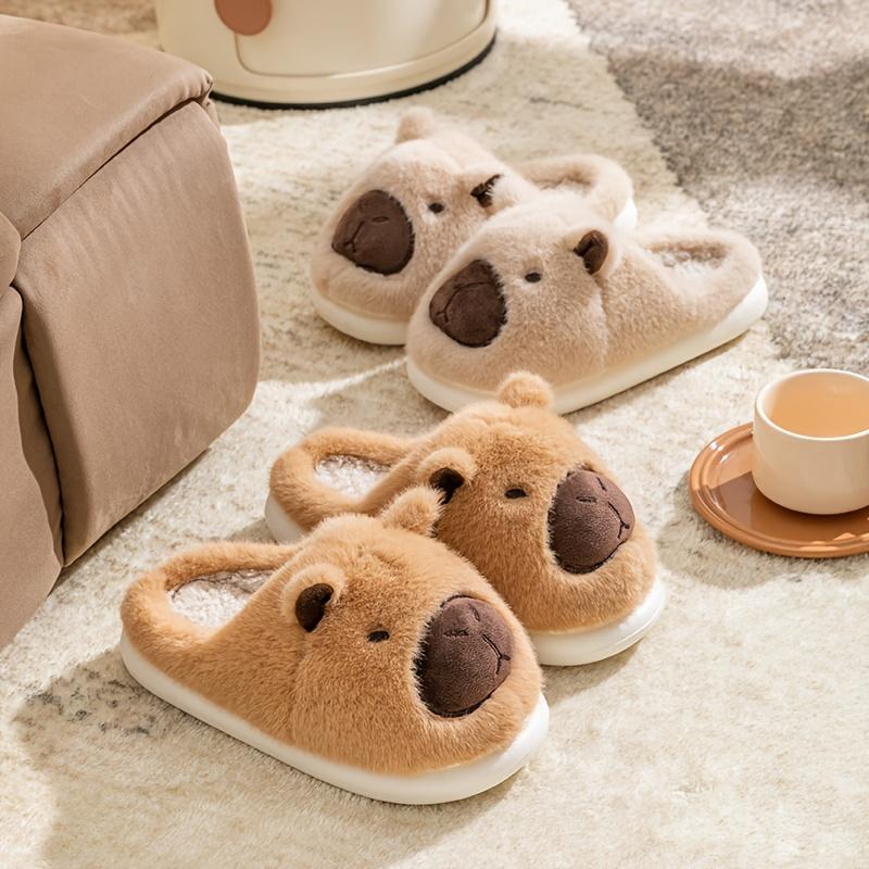 [1 Pair Capybara Slippers] 1 Pair Winter Cartoon Capybara Slippers for Women, Casual Style, Fabric Upper, Rubber Sole, Washable Indoor House Shoes