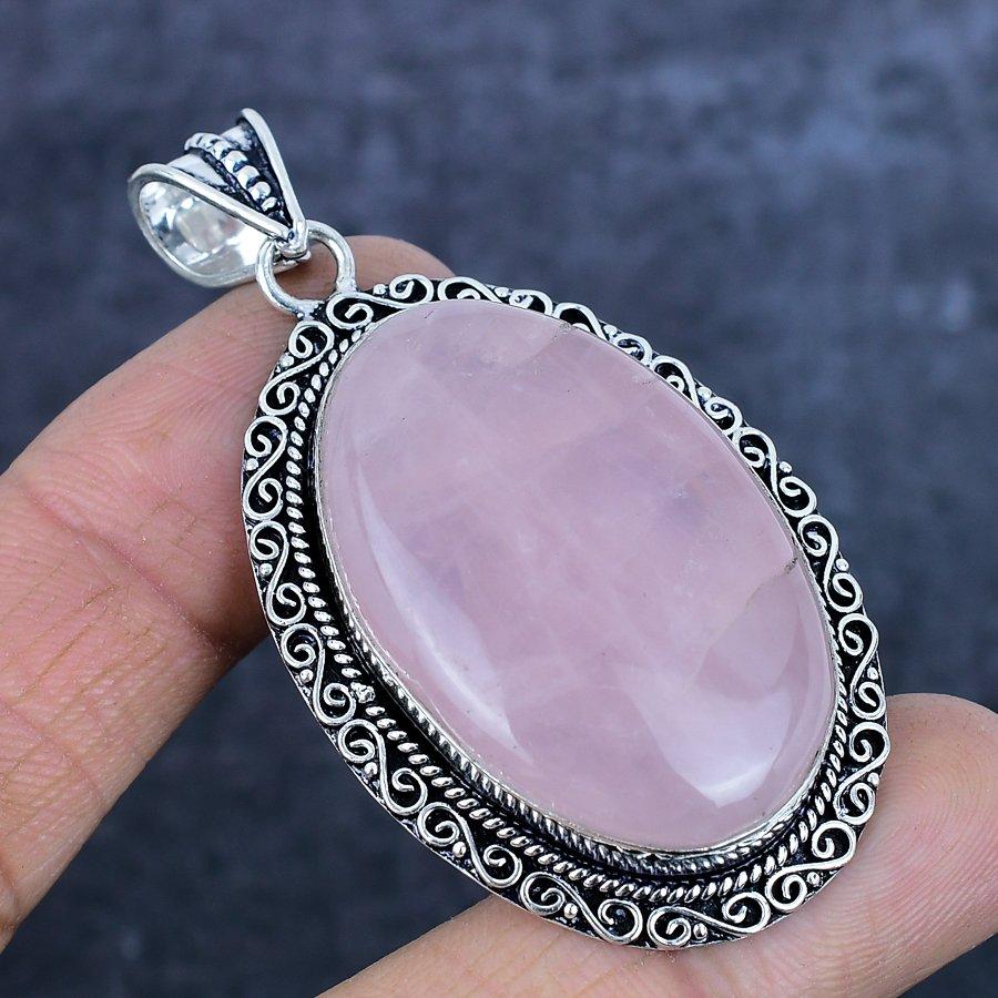 Natural Rose Quartz Gemstone 925 Sterling Silver Jewelry Pendant 2.60" s2c34