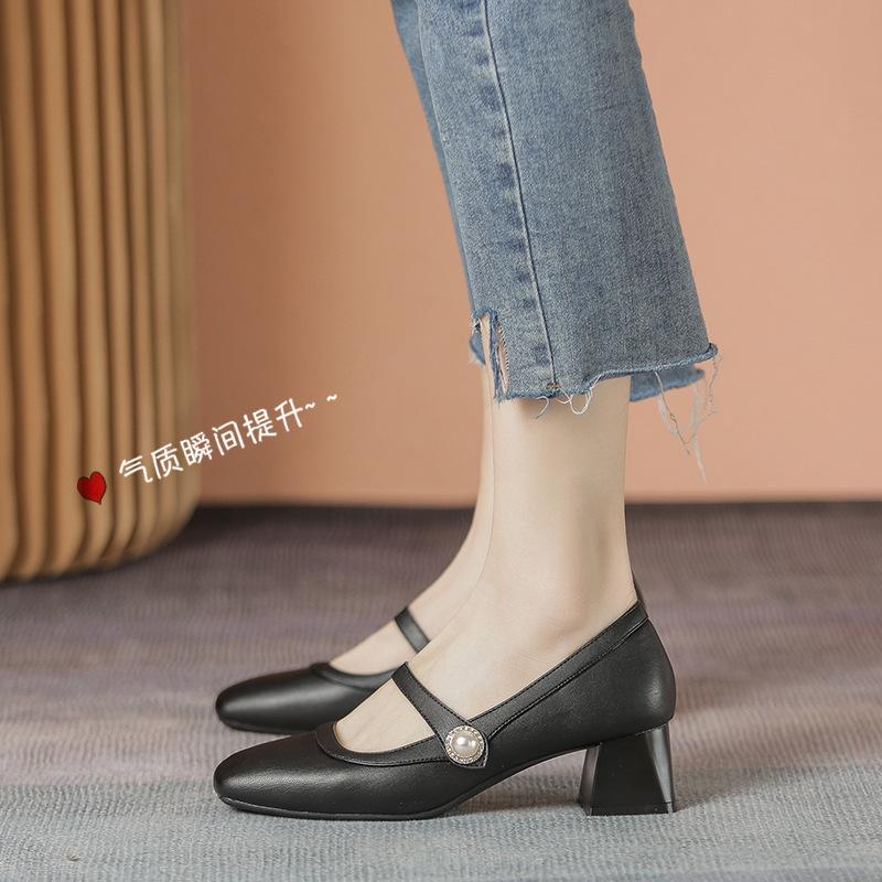 New Women Shoes Fashion Pumps Pearl Leather High Heels Shoes OL Mary Jane Dress Shoes