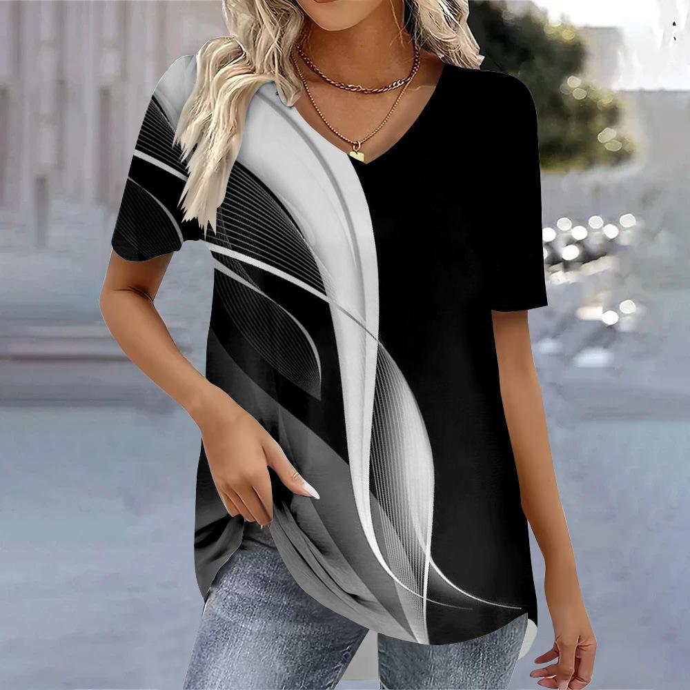 Summer V-neck Geometric & Abstract Pattern 3D Printed Top Fashionable Casual Short Sleeved Women's T-shirts