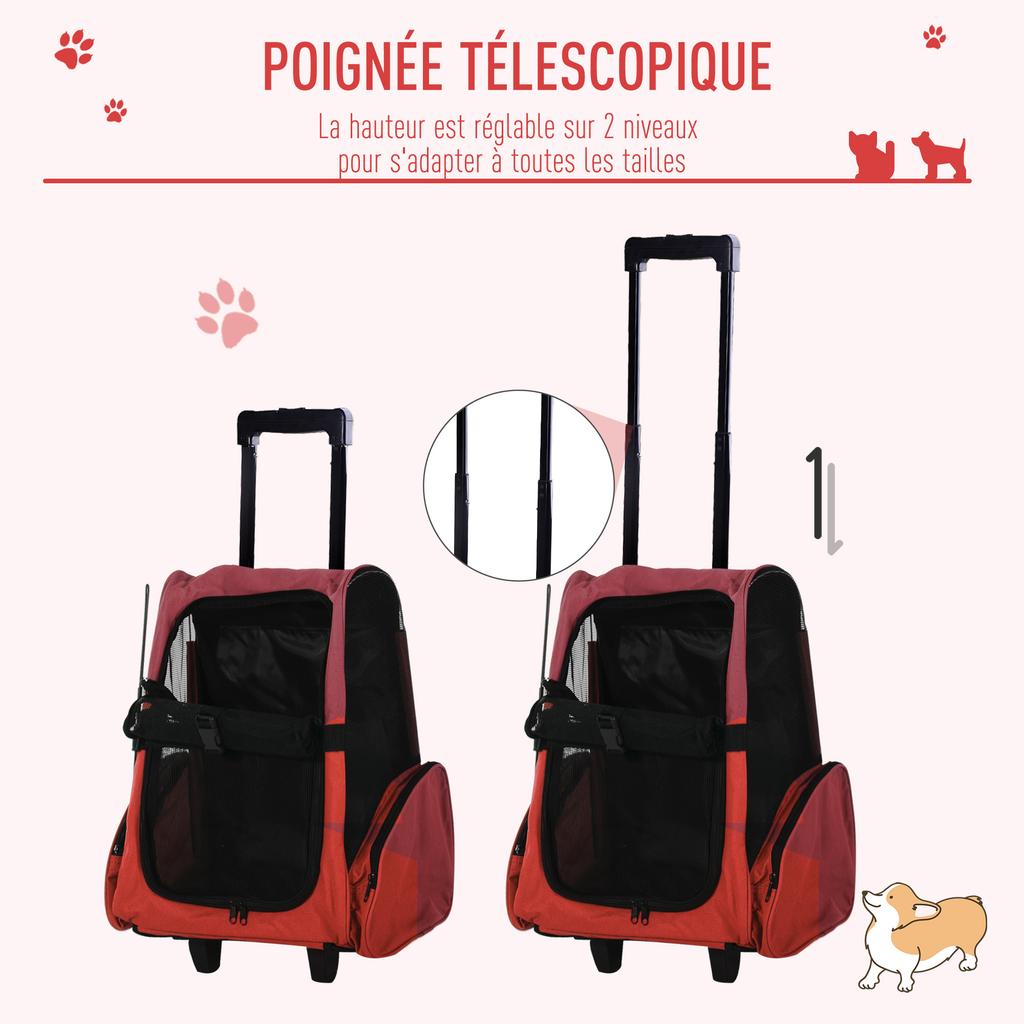 Pet Travel Backpack Bag Cat Puppy Dog Carrier W/ Trolley and Telescopic Handle Portable Stroller Wheel Luggage Bag (Red)
