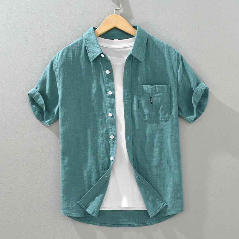 1267 Solid Color Short Sleeve Cotton Linen Shirt