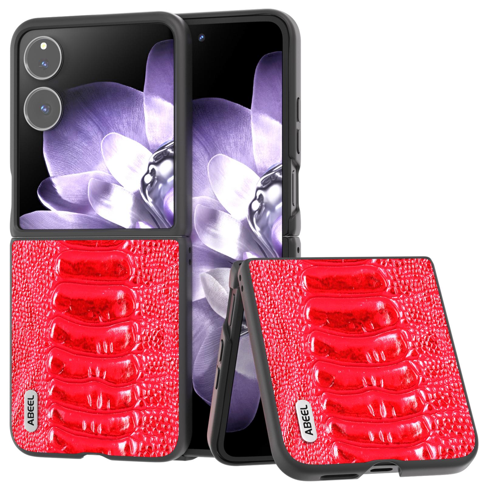 

ABEEL For Xiaomi Mix Flip 5G Case Genuine Cow Leather Coated PC Phone Cover Crocodile Texture Red