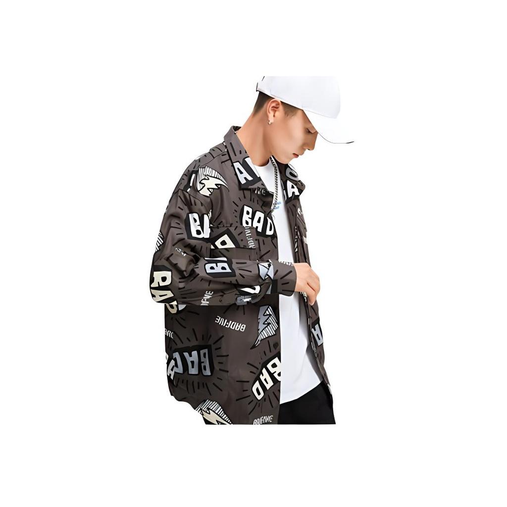 Li-Ning Cartoon All Over Print Loose Fit Sports Long Sleeve Shirt Men Shirts Black Gray ASHR079-2