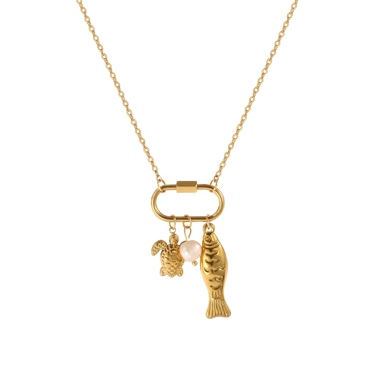 

Ocean Series 304 Stainless Steel Necklace Natural Peachy Beige Pearl Tortoise Fish Pendant Jewelry For Women Gift 48cm + 5cm