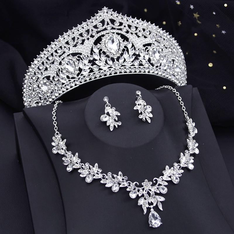 Luxury Bride Crown Jewelry Sets for Women Red Tiaras and Necklace Earrings Set Party Prom Bridal Wedding Jewelry Set Accessory