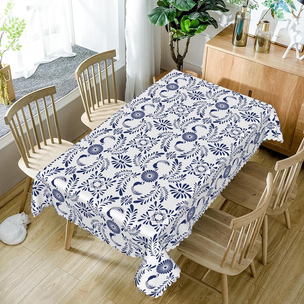 Mexican Floral Birds Rectangle Tablecloths Blue Patchwork Tiles Waterproof Table Cover For Home Party Kitchen Dining Table Decor