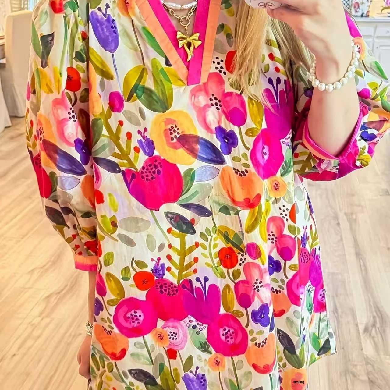 Европейское и американское повседневное платье с цветочным пэчворком и цветовыми блоками (Горячая новинка 2026) XXL