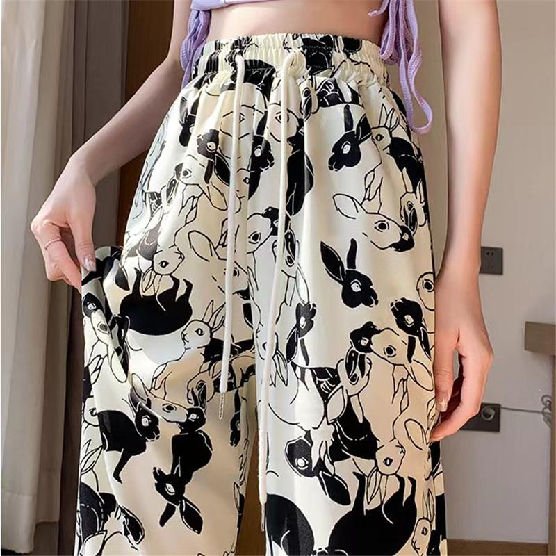 Summer Plus Size 3XL 4XL Sweatpants Jogger Women Wide Leg Pants Retro High Waist Cartoon Print Elastic Woman Pant White Black Loose Long Trouser