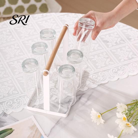 Nordic Style Cup Holder Iron Drying Rack with Wood Handle & Drip Tray Baby Bottle Plastic Dryer Space-Saving Countertop Organizer for Mugs Glasses