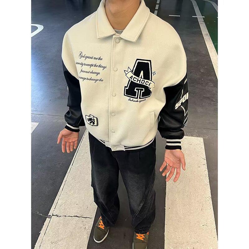 

Men s Retro Embroidered Stand Collar Baseball Jacket - New Autumn Arrival M бежевий