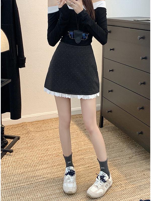 Plus Size Women's Retro Lace Trim Polka Dot Wool Blend Bodycon Mini Skirt