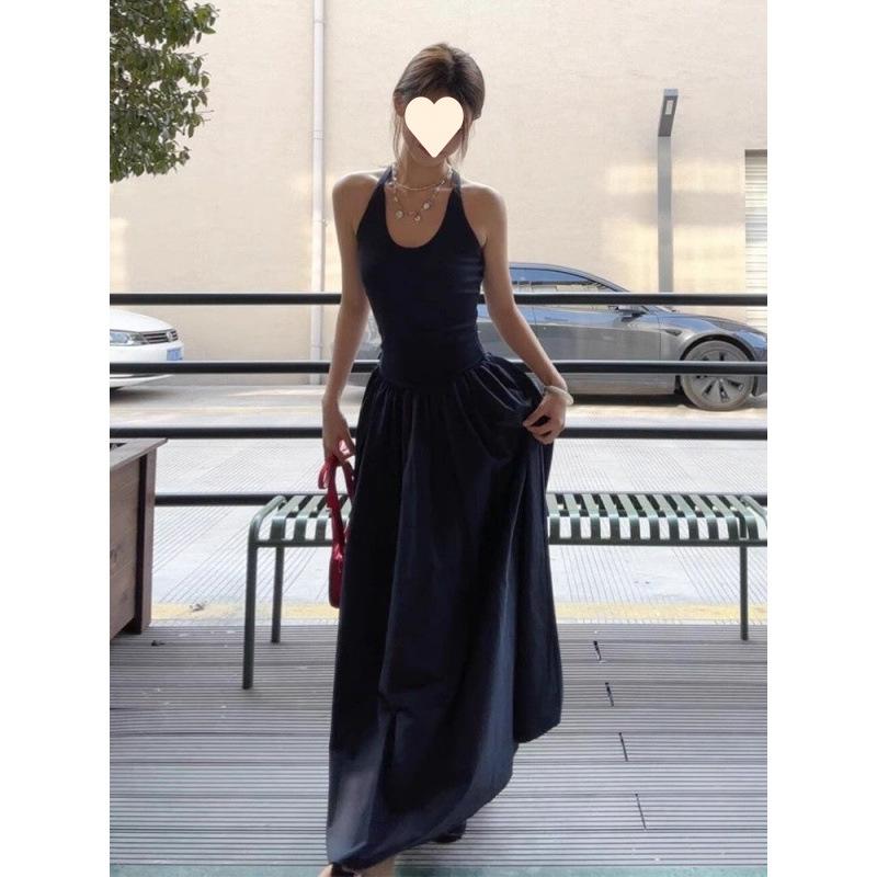 Blue sleeveless neck sling vest dress women s summer new temperament beautiful long dress S
