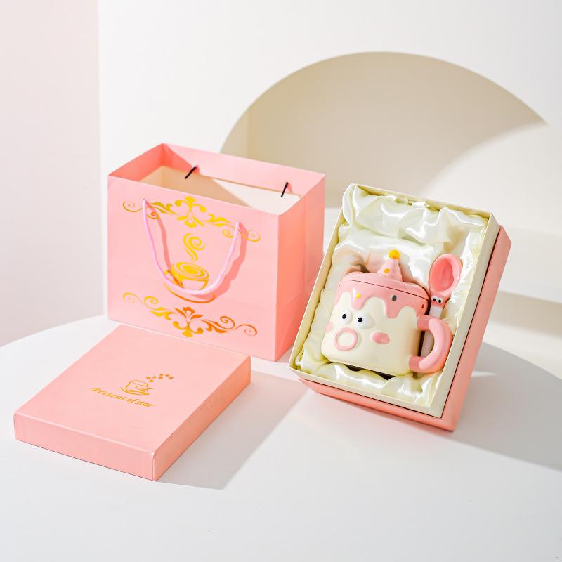 Hand Drawn Cartoon Mug with Lid Spoon Couple Drinking Water Cup Funny Expression Gift Cup Household Milk Breakfast Cup