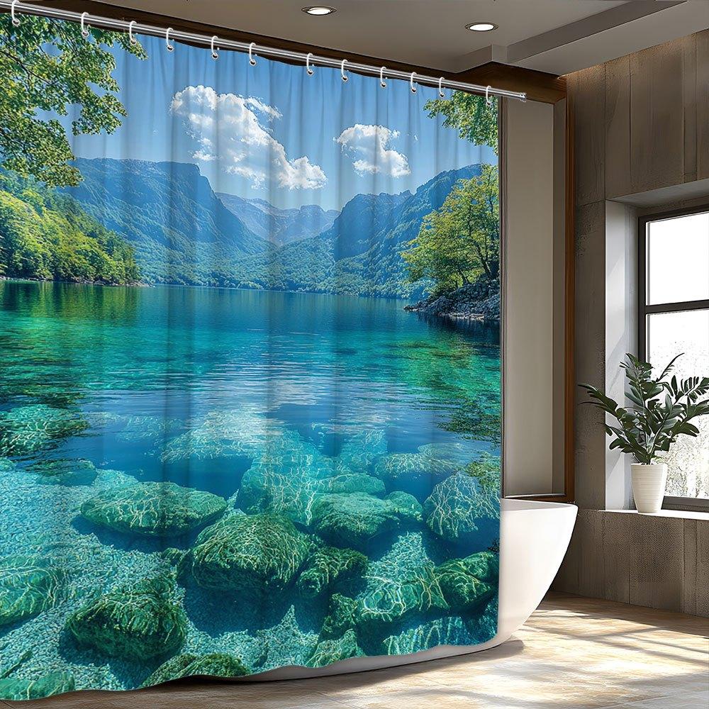 Polyester Shower Curtain - Serene Mountain Lake, Lush Greenery Design, 70x70", Machine Washable,  Nature-Inspired Bath Decor