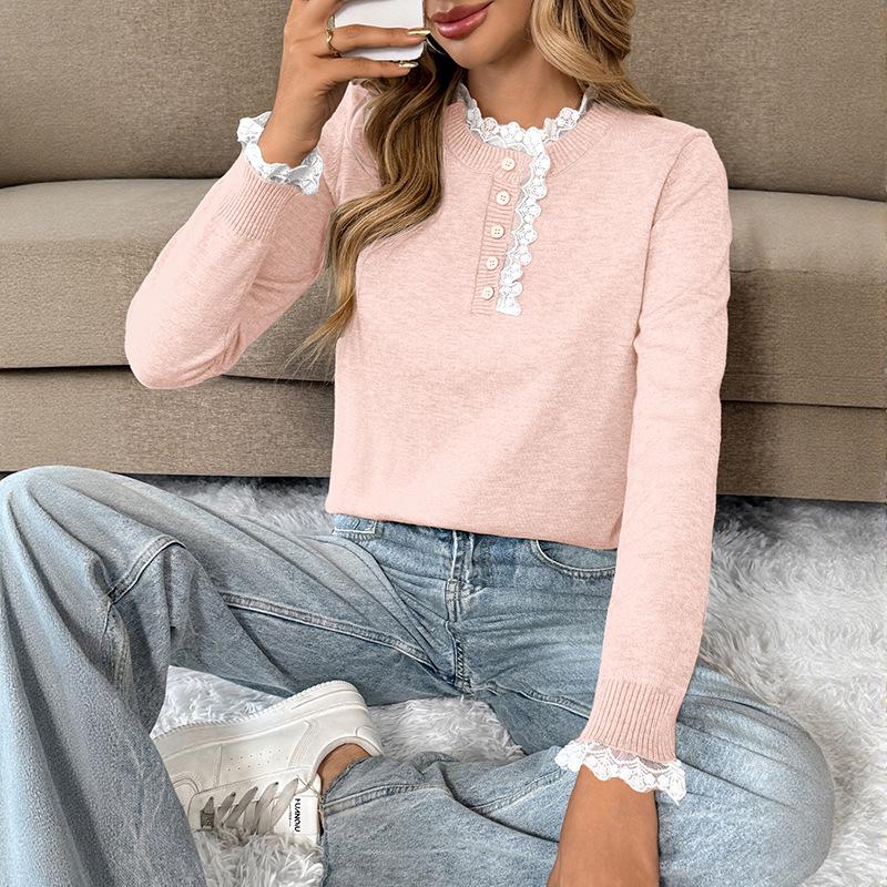 2025 Sød Retro Dame Strikket Sweater med Blonder og Patchwork i Grå til Efterår/Vinter