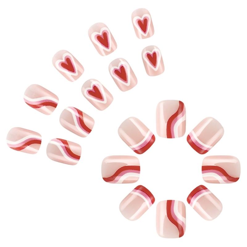 24 Pcs Valentines Day Press On Nail Short False Nail Lovely Heart Stick on Nail French Tip Acrylic Nail for Party