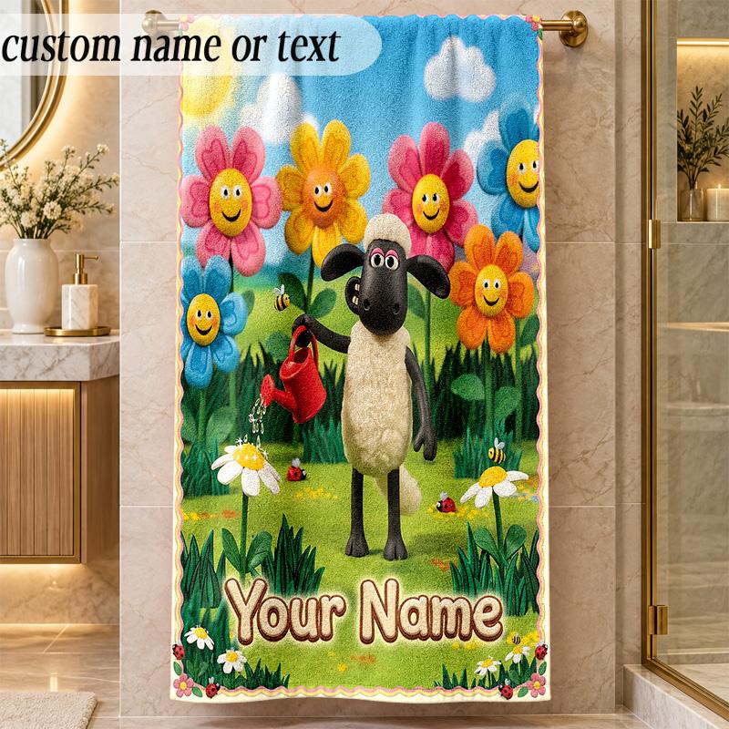 Beach TowelShaun the Sheep Custom Name Text Personalized Soft Towel for Beach Pool Indoor Home Decor Gift