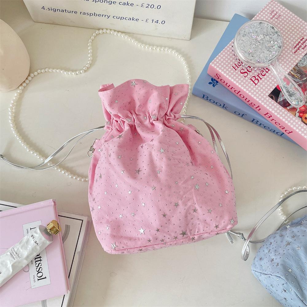 Star Sequins Fashionable Small Fresh Shoulder Bag New Canvas Bag Drawstring Strap Messenger Bag