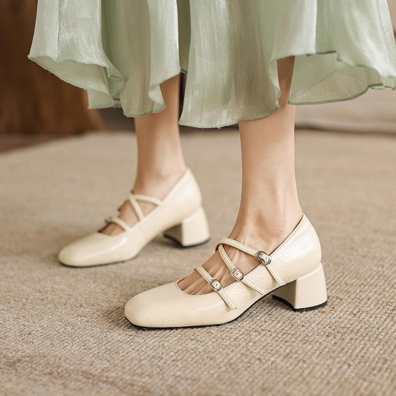 Sheepskin new high-heeled single shoe cross with square toe French silver Mary Jane shoes 5CM