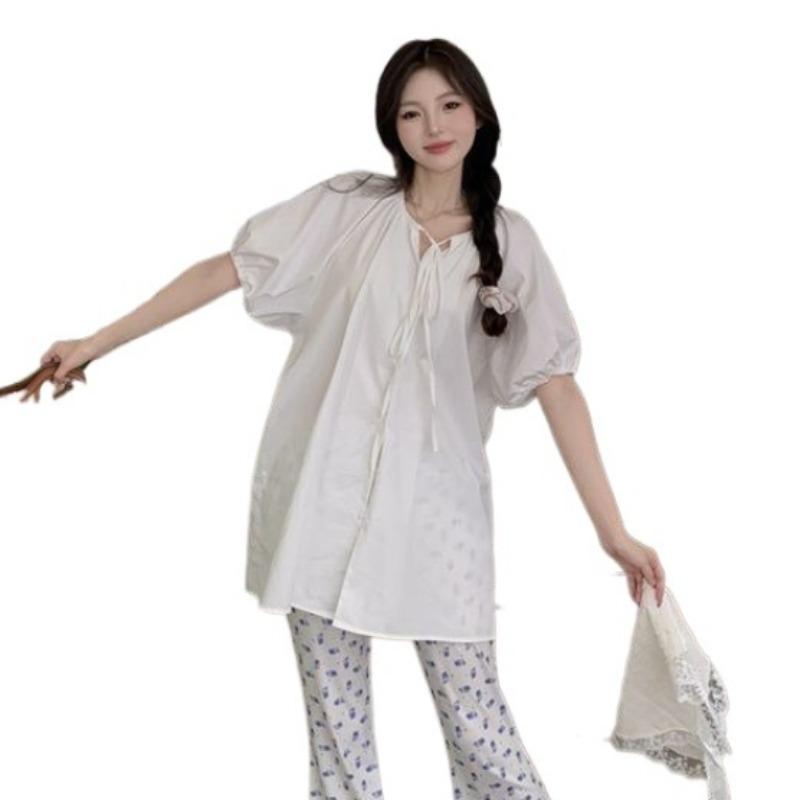 Solid Color Women's Lace Up Shirt Loose Round Neck Single Breasted Famale Short Sleeved Shirts Summer Comfortable Sweet Style Ladies Top
