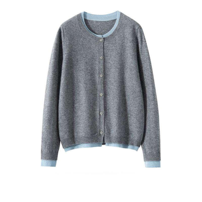 Women's Designer-Style Cashmere Cardigan: Round Neck, Color-Block, Faux Two-Piece Sweater