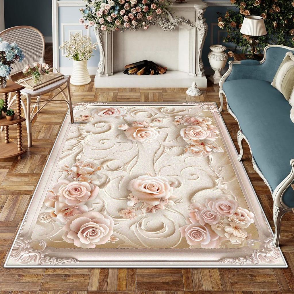 Europäischer Stil Rutschfest Großer Wohnzimmerteppich Blumendesign Raumdekoration Ästhetischer Schlafzimmerteppich Schminktischmatte Waschbar