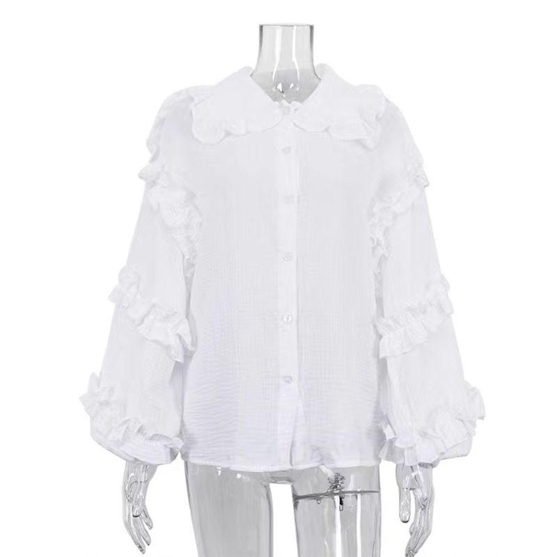 

European and American Lantern Sleeve Shirts Casual Doll Collar Shirt Lantern Sleeve Doll Collar Shirt White S