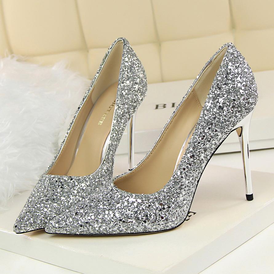 Fashion 2025 Women 9.5cm High Heels Plus Size 43 Stripper Glitter Scarpins Luxury Pumps Stiletto Wedding Bridal Gold Silver Fetish Shoes
