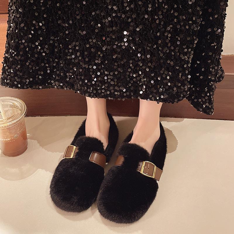 Francuskie puszyste buty damskie na jesień i zimę 2025, nowe pluszowe buty Mary Jane Doudou na jednym pedale, bawełniane buty