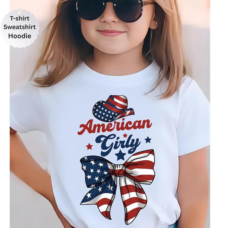 American Girly Shirt, Patriotic Coquette Bow T-Shirt,USA Flag Cowgirl Hat Tee, 4th of July Shirt Women Kids,Independence Day Outfit,Girl tee 100