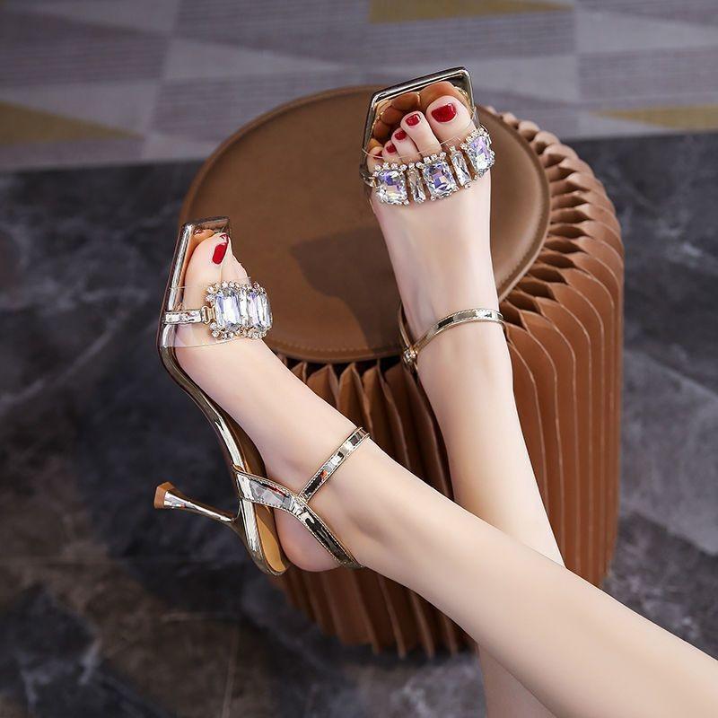Square head word with high-heeled sandals women 2025 summer new women's shoes sexy outer wear Internet celebrity stiletto fairy shoes